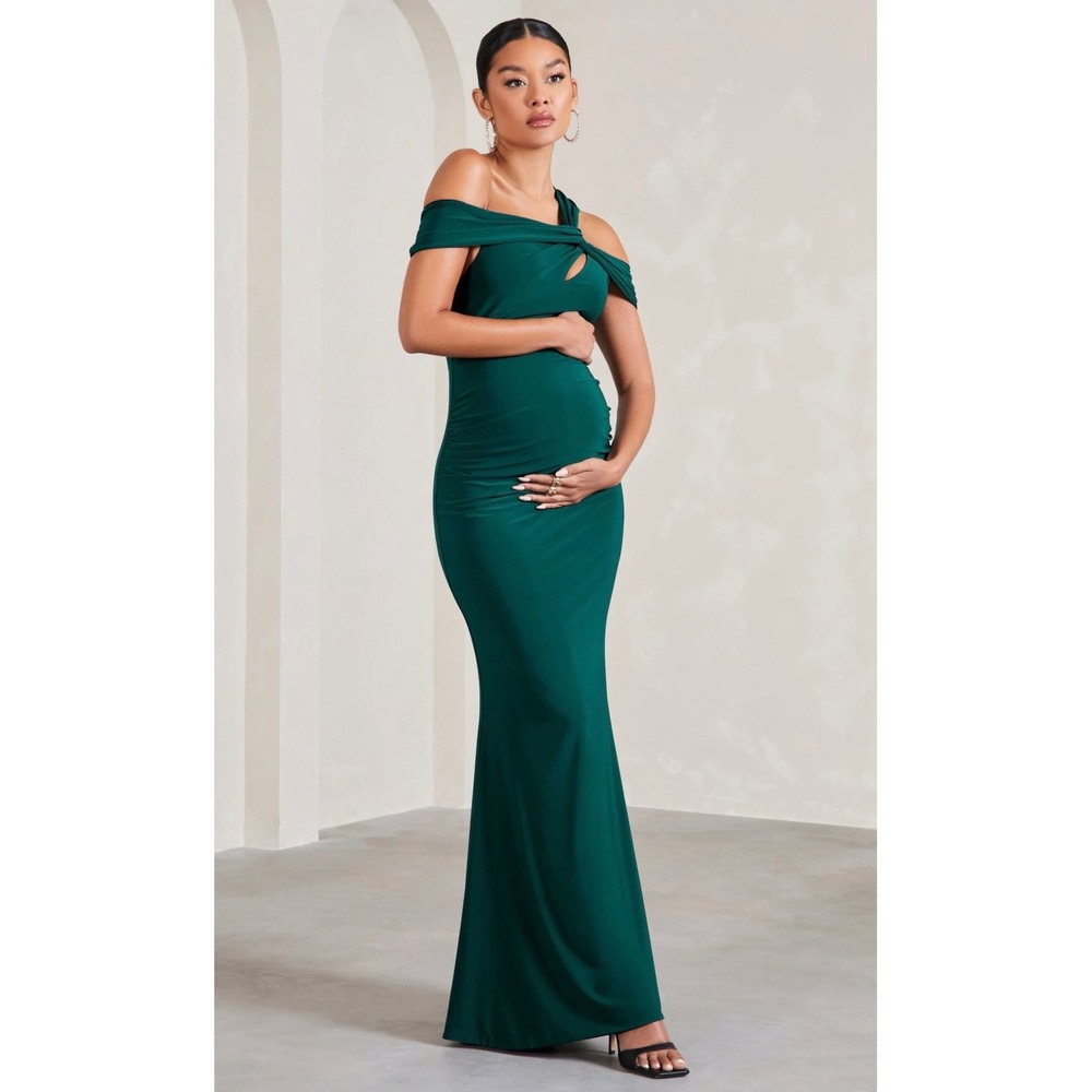 Club L London Captivating Maternity Maxi Dress Green Asymmetric Cut Out US 12